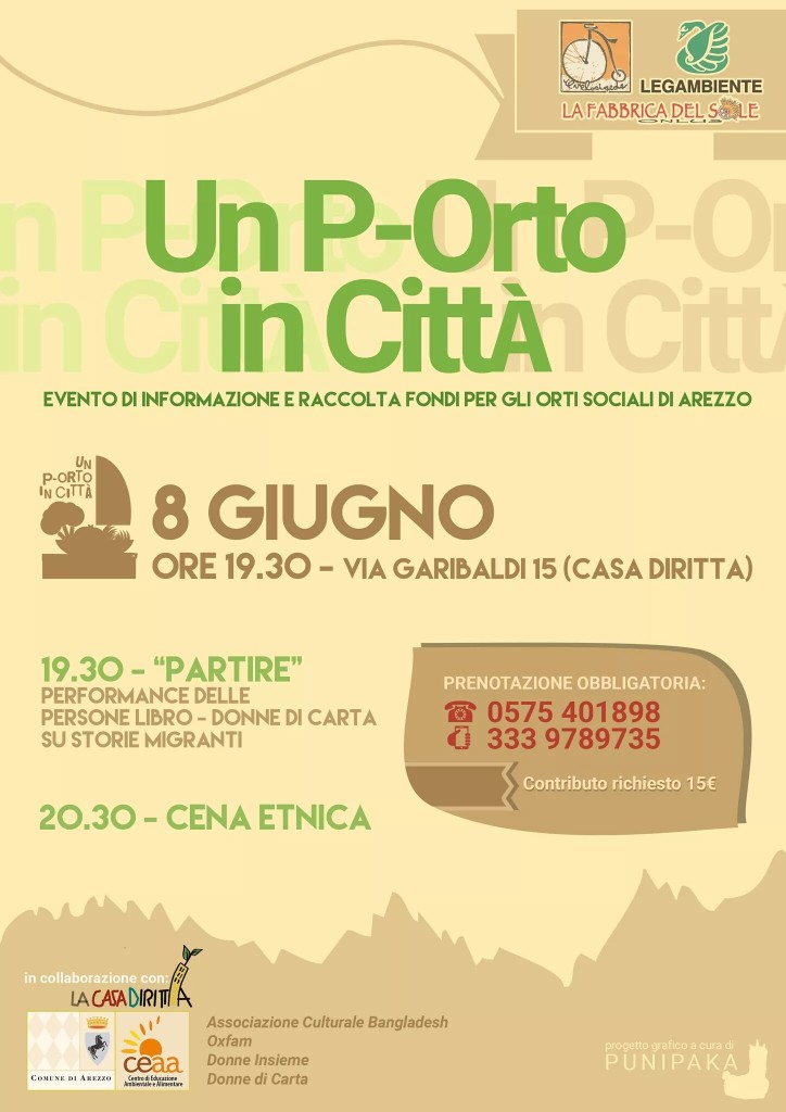 Cena per gli Orti Sociali di Arezzo. Mercoledì 8 Giugno alla Casa Dritta di Arezzo