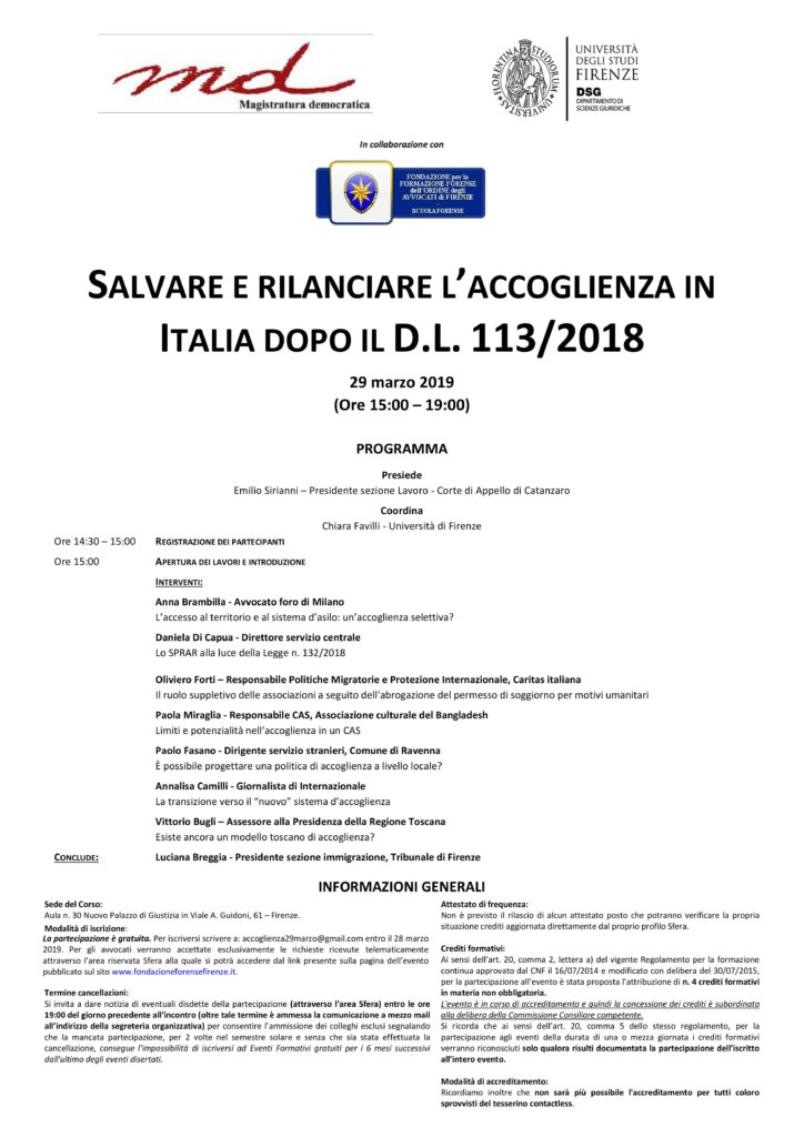 SALVARE E RILANCIARE L’ACCOGLIENZA IN ITALIA DOPO IL D.L. 113/2018 – CONVEGNO 29 MARZO 2019 A FIRENZE